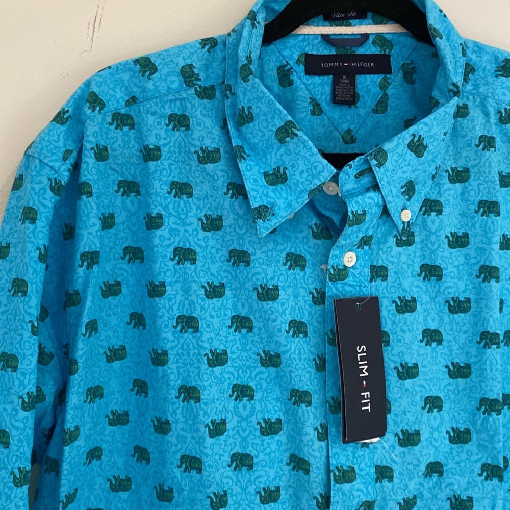 Tommy Hilfiger slim fit Aquarius button down shirt turquoise w/ green elephants